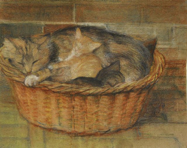 Attie Dyserinck | Moederkat met kittens in een mand, pastel op papier, 31,9 x 40,0 cm, gesigneerd r.o. met initialen