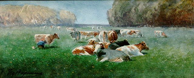 Maurice Hagemans | Melktijd, aquarel op papier, 20,3 x 48,8 cm, gesigneerd l.o.