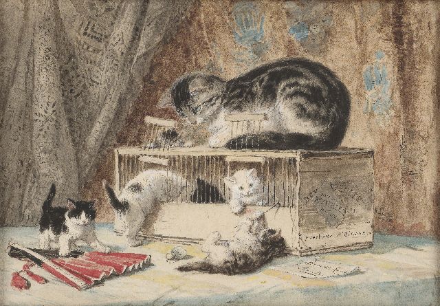 Henriette Ronner-Knip | Moederpoes en kittens spelend met een vogelkooi, aquarel op papier, 30,2 x 43,9 cm, gesigneerd r.o. op geschilderd label