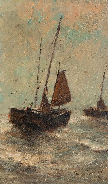 Betzy Rezora Berg | Bomschuiten in de branding, Scheveningen, olieverf op doek, 50,3 x 30,3 cm, gesigneerd r.o. en op etiket op spieraam en te dateren ca. 1885-1888