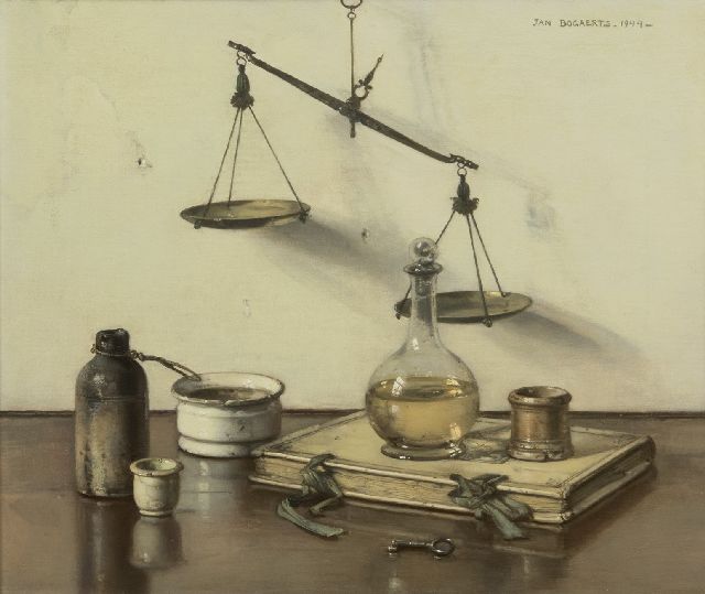 Jan Bogaerts | Stilleven met weegschaal, boek, karaf en zalfpotjes, olieverf op doek, 36,0 x 42,9 cm, gesigneerd r.b. en gedateerd 1944