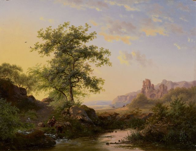 Frederik Marinus Kruseman | Heuvellandschap met de ruïne van Brederode, olieverf op paneel, 24,0 x 30,9 cm, gesigneerd l.o. en gedateerd 1853