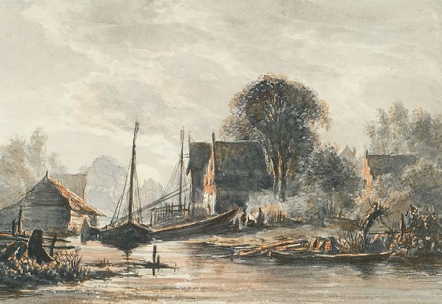 Jacob Abels | Scheepswerfje bij maanlicht, aquarel op papier, 10,4 x 14,9 cm, gesigneerd verso met monogram en gedateerd 1856 verso