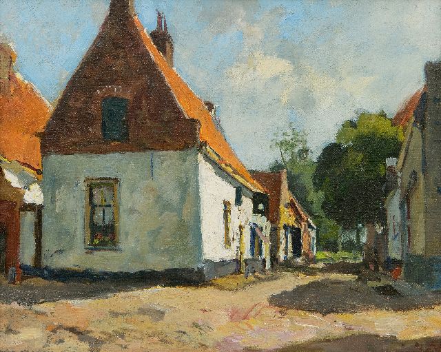 Jan van Vuuren | Zonnig straatje in Elburg, olieverf op doek, 24,1 x 30,1 cm, gesigneerd r.o.