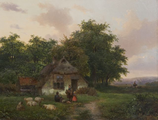 Antonius Renardus Rietstap | Landschap met figuren bij een boerderij, olieverf op paneel, 34,3 x 45,0 cm, gesigneerd r.o. (onduideljk) en zonder lijst