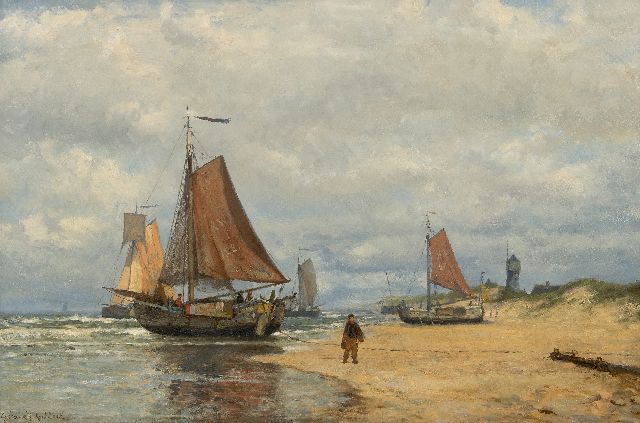 Gerard Koekkoek | Bomschuiten op het strand van Katwijk, olieverf op doek, 52,5 x 79,5 cm, gesigneerd l.o.