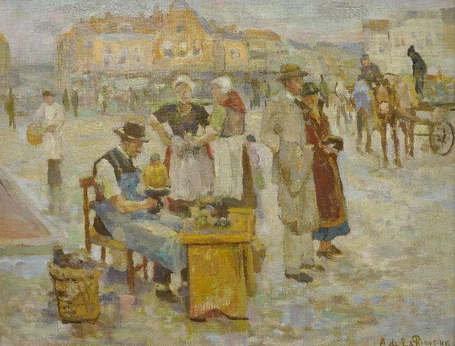 Adriaan de la Rivière | Straattafereel met schoenmaker, olieverf op doek, 35,0 x 45,0 cm, gesigneerd r.o.