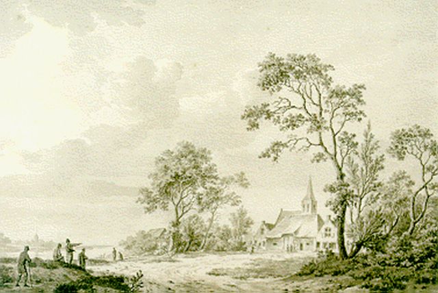 Barend Cornelis Koekkoek | Figuren bij een zandpad van de rivier, sepia op papier, 18,2 x 26,8 cm, gesigneerd l. v.h.m
