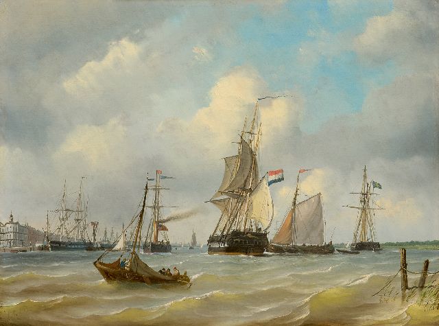 Petrus Paulus Schiedges | Schepen voor de Willemskade in Rotterdam, op de achtergrond het gebouw van de Koninklijke Yachtclub (thans Wereldmuseum), olieverf op paneel, 39,9 x 53,2 cm, gesigneerd l.o. en gedateerd 1869