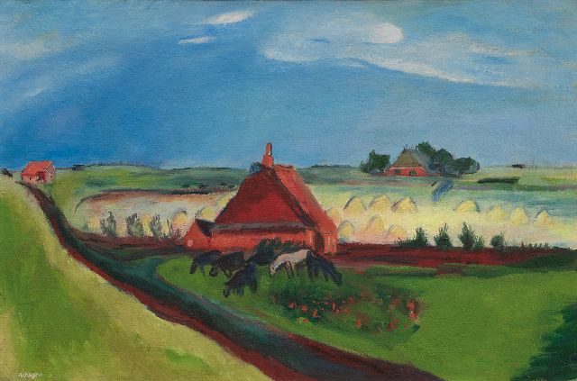Jan Wiegers | Polderlandschap met zeedijk, Groningen, wasverf op doek, 53,0 x 80,3 cm, gesigneerd l.o. en te dateren ca. 1930-1933
