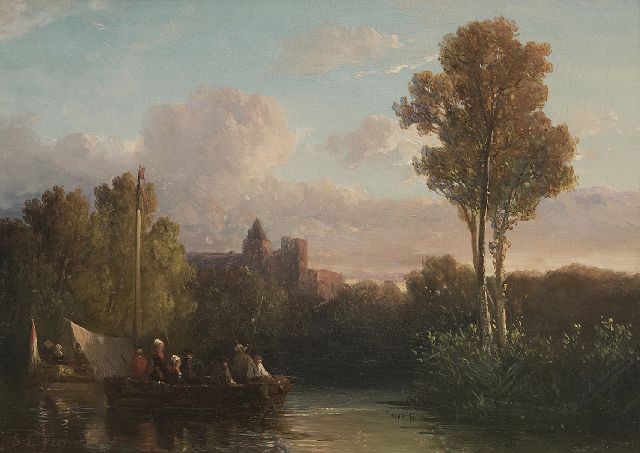 Salomon Verveer | Spelevarend gezelschap bij ondergaande zon, olieverf op paneel, 19,4 x 26,6 cm, gesigneerd l.o. en onduidelijk gedateerd '53[?]