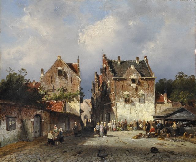 Charles Leickert | Stadsgezicht met groente- en vismarkt, olieverf op paneel, 27,6 x 33,0 cm, gesigneerd r.o. en te dateren ca. 1855