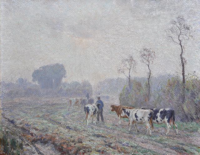 Johan Meijer | Vroege morgen: op weg naar de meent, olieverf op doek, 65,2 x 85,7 cm, gesigneerd r.o.