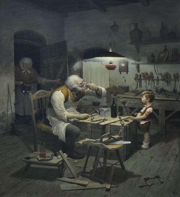 Vida Gábor | De onvoorzichtige timmerman, olieverf op paneel, 50,0 x 40,1 cm, gesigneerd r.o. met initialen
