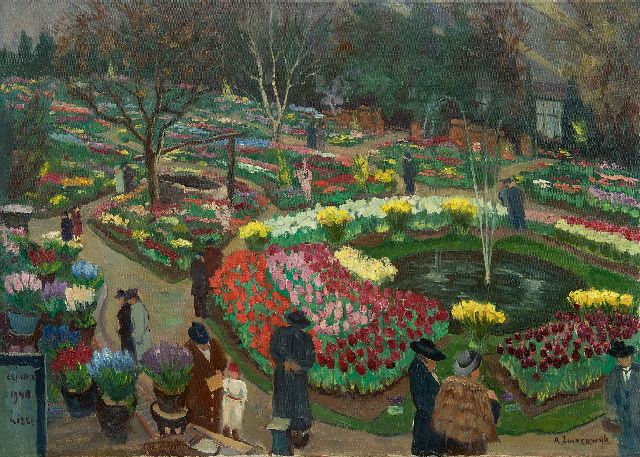 Adrianus Zuiderwijk | Bloemententoonstelling Lenteflora in Lisse, 1948, olieverf op doek, 50,3 x 70,2 cm, gesigneerd r.o.