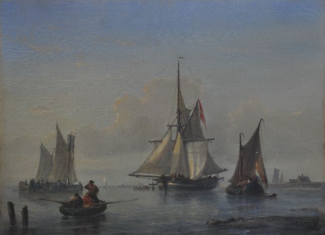 George Willem Opdenhoff | Zeilschepen op een windstille dag voor de kust, olieverf op paneel, 20,8 x 28,4 cm, gesigneerd r.o.