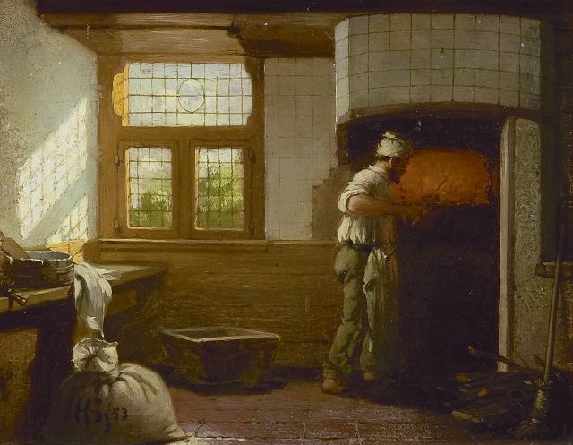 Hendricus Johannes Scheeres | Voor de oven, olieverf op paneel, 13,3 x 17,1 cm, gesigneerd l.o. met monogram en gedateerd '53