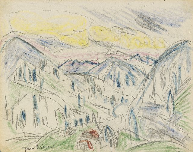 Jan Wiegers | Berglandschap Davos; verso: Portret van een jongen, potlood en waskrijt op papier, 17,5 x 21,5 cm, gesigneerd l.o. en te dateren ca. 1920
