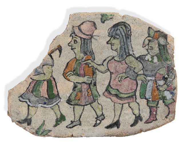 Harm Kamerlingh Onnes | Scherf met vier figuren: De polonaise, geglazuurd aardewerk, 22,0 x 29,5 cm, gesigneerd verso met monogram en verso gedateerd '73