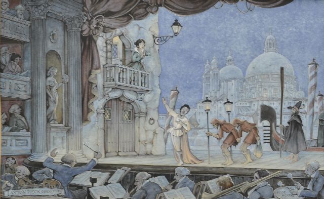 Anton Pieck | Operette 'Eine Nacht in Venedig', aquarel op papier, 24,0 x 35,0 cm, gesigneerd l.o.