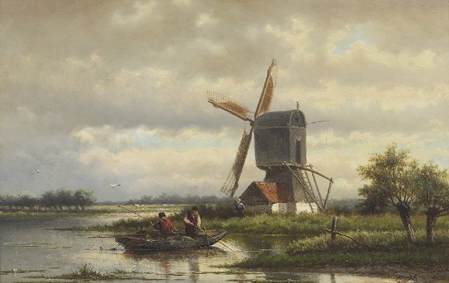 Heerebaart G.  | Vissers bij een molen in een plassenlandschap, olieverf op paneel 26,4 x 40,8 cm, gesigneerd r.o.