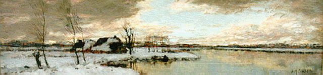 Arnold Gorter | Sneeuwlandschap met boerderij aan een rivier, olieverf op paneel, 15,9 x 60,0 cm, gesigneerd r.o.