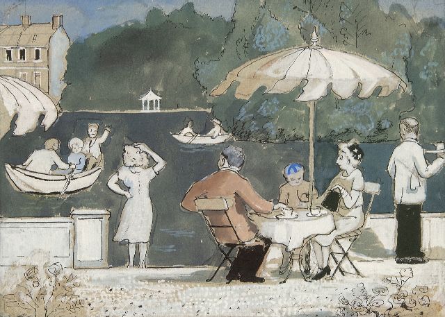 Harm Kamerlingh Onnes | Terras aan de Oude Rijn tussen Valkenburg en Oegstgeest, pen, inkt en aquarel op papier, 19,5 x 27,0 cm, te dateren ca. 1960
