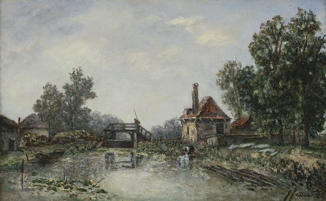 Joséphine Fesser-Borrhée | Wasvrouw bij een sluisje, olieverf op doek, 26,2 x 42,2 cm, gesigneerd r.o. en gedateerd '88