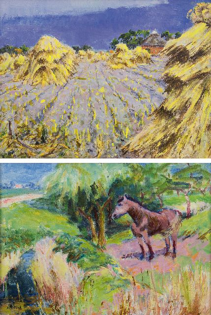 Jan Altink | Vlasakker; verso: Boerenerf met paard, wasverf op doek, 58,0 x 78,5 cm, gesigneerd verso l.o. en te dateren ca. 1930