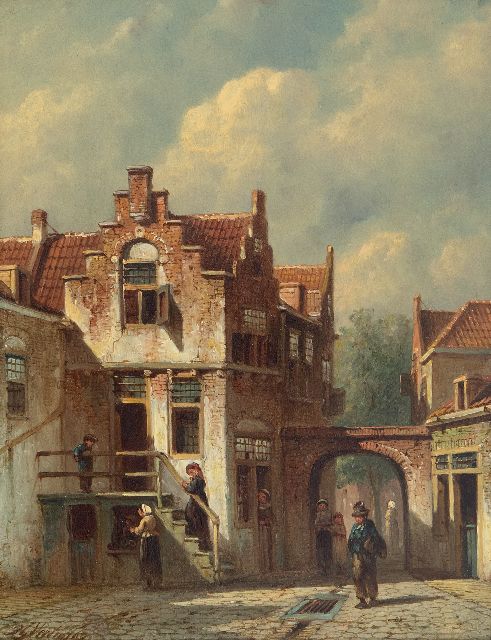 Petrus Gerardus Vertin | Zonnig Hollands straatje met figuren bij een poortje, olieverf op paneel, 26,1 x 20,5 cm, gesigneerd l.o. en gedateerd '67