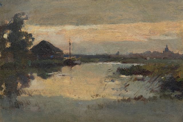 Aris Knikker | Riviergezicht bij avond, olieverf op doek op paneel, 23,2 x 33,4 cm, zonder lijst