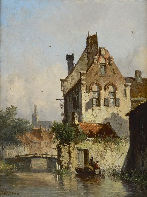 Adrianus Eversen | Vissers in de stadsgracht, bij zomer, olieverf op paneel, 19,0 x 14,9 cm, gesigneerd l.o.
