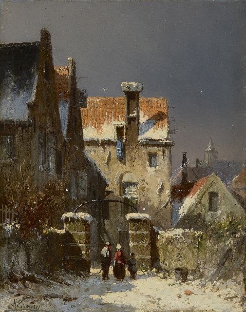 Adrianus Eversen | Winters straatje met figuren, olieverf op paneel, 19,0 x 15,1 cm, gesigneerd l.o.
