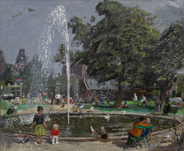 Harm Kamerlingh Onnes | Zomermiddag in het park, Amsterdam, olieverf op doek, 50,4 x 61,2 cm, gesigneerd l.o. en gedateerd '63