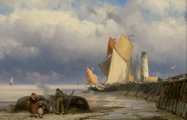 Jan H.B. Koekkoek | Haveningang bij eb, olieverf op paneel, 12,4 x 18,6 cm, gesigneerd l.o. en gedateerd '89