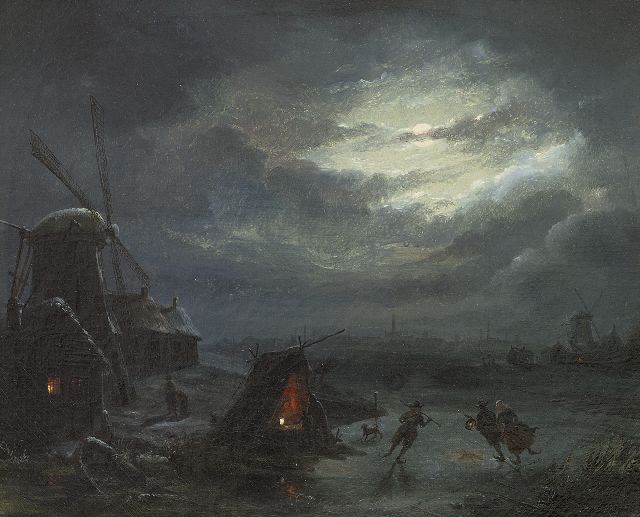 Jan Baptist Tetar van Elven | IJsgezicht bij maanlicht, olieverf op doek, 27,3 x 33,6 cm, gesigneerd verso