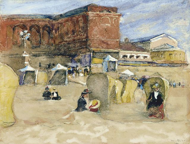 Willem de Zwart | Het strand van Scheveningen met rechts het Palais de Danse, zwart krijt en aquarel op papier, 24,6 x 32,3 cm, gesigneerd r.o.