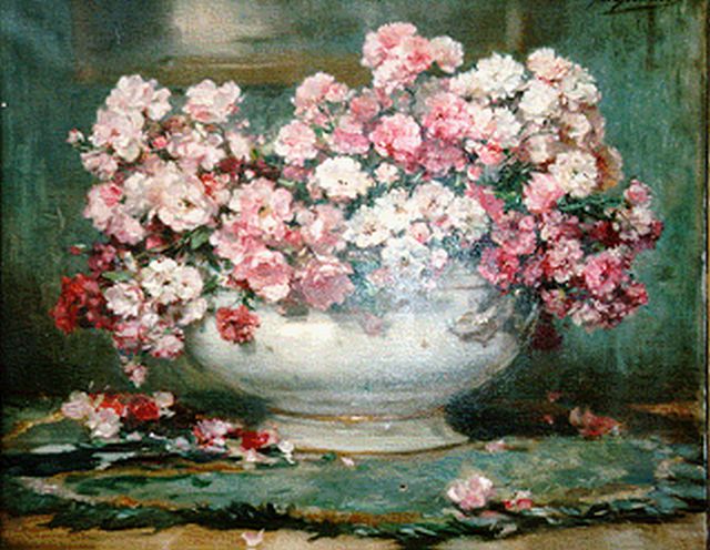 Gouweloos J.L.H.  | Trosrozen in porseleinen vaas, olieverf op doek 65,3 x 81,0 cm, gesigneerd r.b.