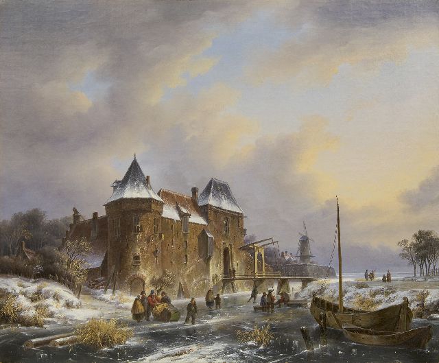 Bruno van Straaten | Schaatsers bij een stadspoort (mogelijk fantasiegezicht op de buitengracht van Utrecht met waltoren De Vos), olieverf op doek, 67,2 x 81,1 cm, gesigneerd r.o. op de roeiboot