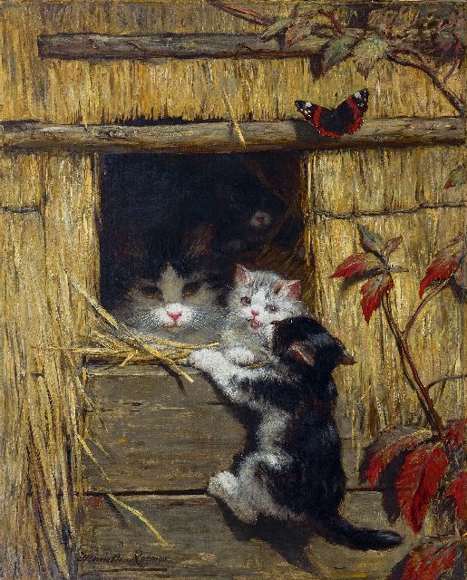 Henriette Ronner-Knip | Moederkat met spelende kittens, olieverf op doek, 60,5 x 48,5 cm, gesigneerd l.o.