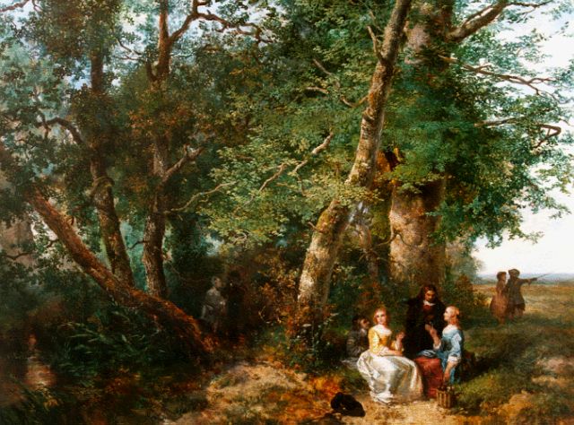 Mari ten Kate | Rustpauze met een drankje in de bossen nabij het strand, olieverf op paneel, 48,5 x 61,7 cm, gesigneerd r.o. en gedateerd 1852