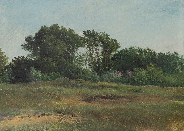 Johannes Warnardus Bilders | Heidelandschap met boerenhuisje, olieverf op board op paneel, 31,9 x 44,6 cm, gesigneerd r.o. met initialen en zonder lijst