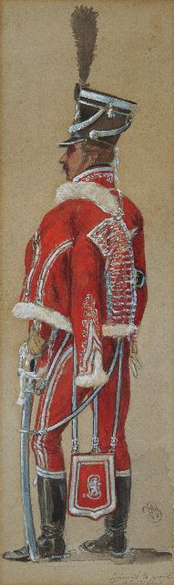 Willem Constantijn Staring | Staande huzaar, aquarel en gouache op papier, 44,0 x 13,0 cm, gesigneerd r.o. met monogram