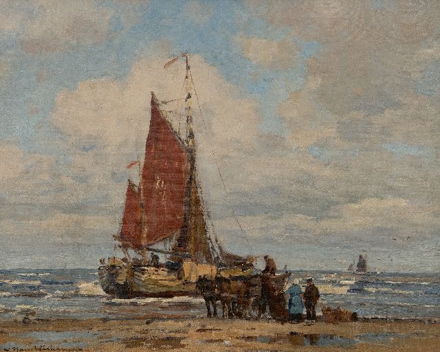 Wilhem Hambüchen | Bomschuit in de branding, Katwijk, olieverf op doek, 50,0 x 60,5 cm, gesigneerd l.o. en zonder lijst