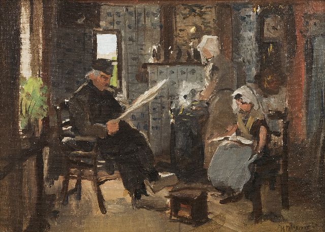 Hendrikus Matheus Horrix | Zeeuws boerengezin bij de haard, olieverf op doek op paneel, 24,9 x 35,1 cm, gesigneerd r.o. en gedateerd '03
