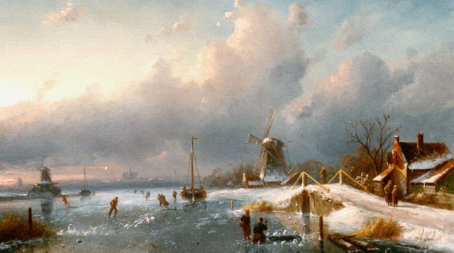 Charles Leickert | Bevroren vaart met schaatsers, olieverf op paneel, 31,8 x 49,9 cm, gesigneerd r.o.