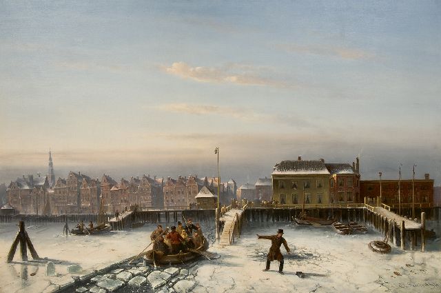 Charles Leickert | De hachelijke oversteek over het IJ bij Amsterdam, olieverf op doek, 102,0 x 150,0 cm, gesigneerd r.o. en gedateerd '70