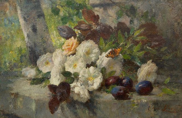 Eugeen Joors | Stilleven met rozen, fruit en een vlinder, olieverf op doek, 48,5 x 73,8 cm, gesigneerd r.o.