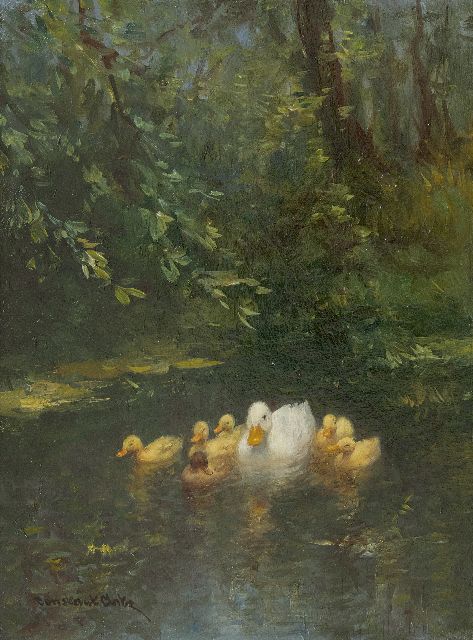Constant Artz | Moedereend met zes kuikens in het water, olieverf op paneel, 24,0 x 17,9 cm, gesigneerd l.o.