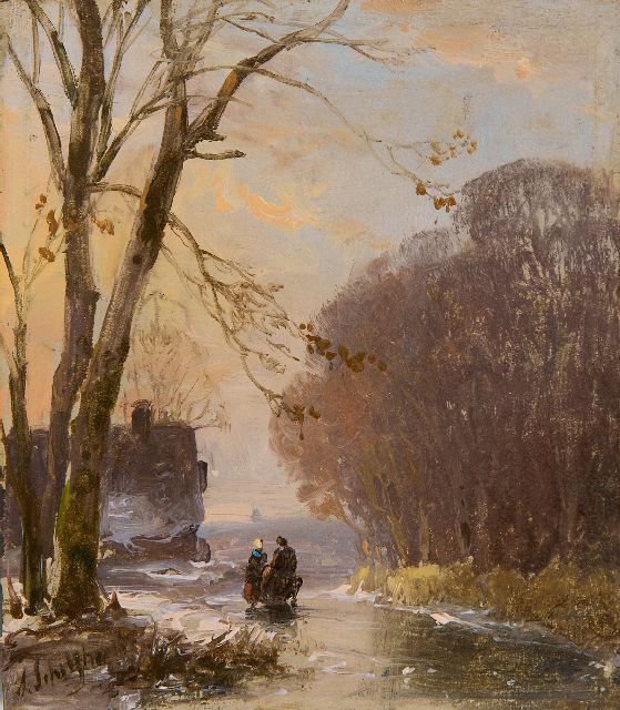 Andreas Schelfhout | Figuren op een bevroren vaart, olieverf op paneel, 10,6 x 9,3 cm, gesigneerd l.o.